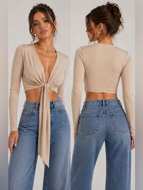 MESHKI Beige Tie Front Long Sleeve Crop Top – Size S